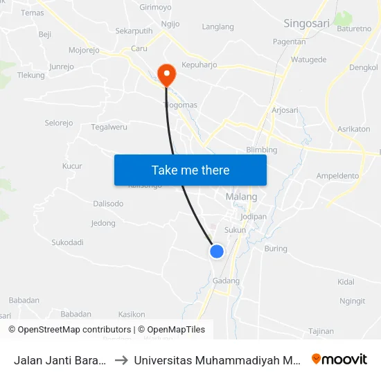 Jalan Janti Barat 58 to Universitas Muhammadiyah Malang map