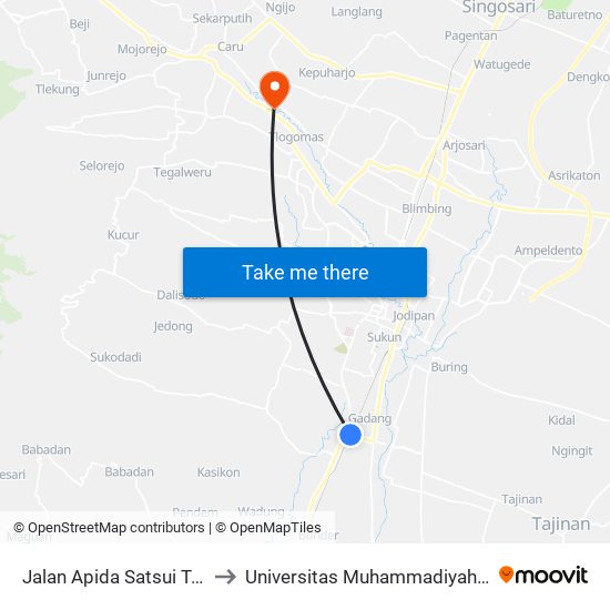 Jalan Apida Satsui Tubun 9 to Universitas Muhammadiyah Malang map