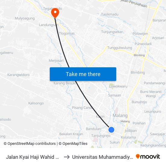 Jalan Kyai Haji Wahid Hasyim 18 to Universitas Muhammadiyah Malang map