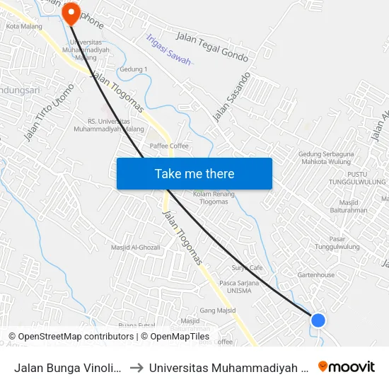 Jalan Bunga Vinolia 401 to Universitas Muhammadiyah Malang map