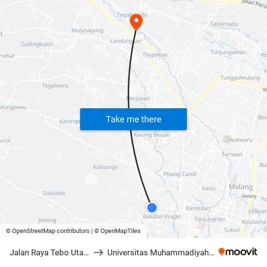 Jalan Raya Tebo Utara 185 to Universitas Muhammadiyah Malang map