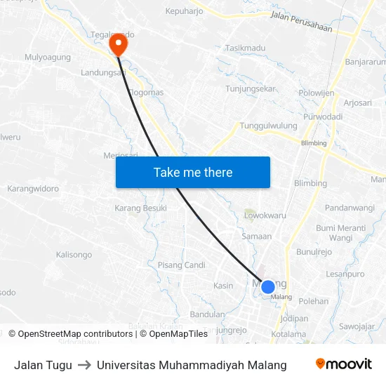 Jalan Tugu to Universitas Muhammadiyah Malang map