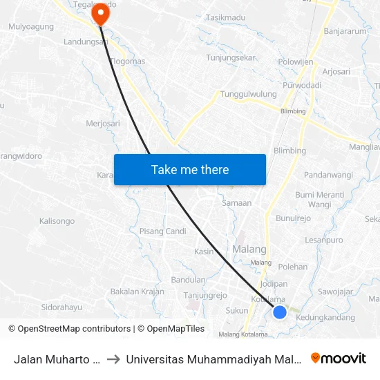 Jalan Muharto 50 to Universitas Muhammadiyah Malang map