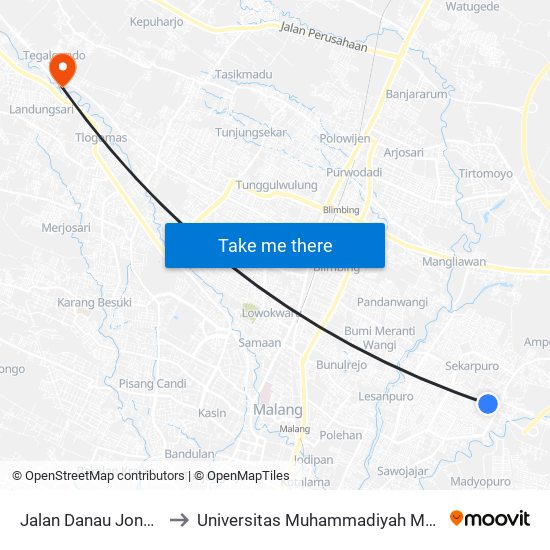 Jalan Danau Jonge 1 to Universitas Muhammadiyah Malang map