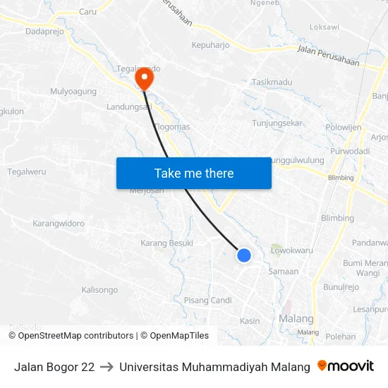 Jalan Bogor 22 to Universitas Muhammadiyah Malang map