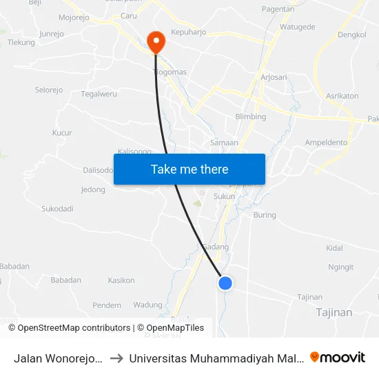 Jalan Wonorejo 55 to Universitas Muhammadiyah Malang map