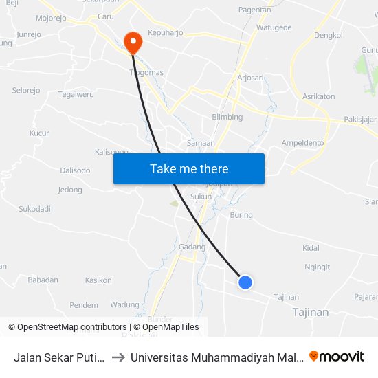 Jalan Sekar Putih 1 to Universitas Muhammadiyah Malang map