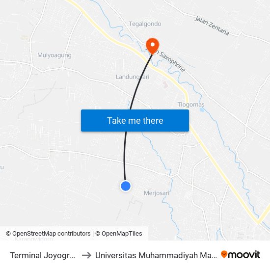 Terminal Joyogrand to Universitas Muhammadiyah Malang map