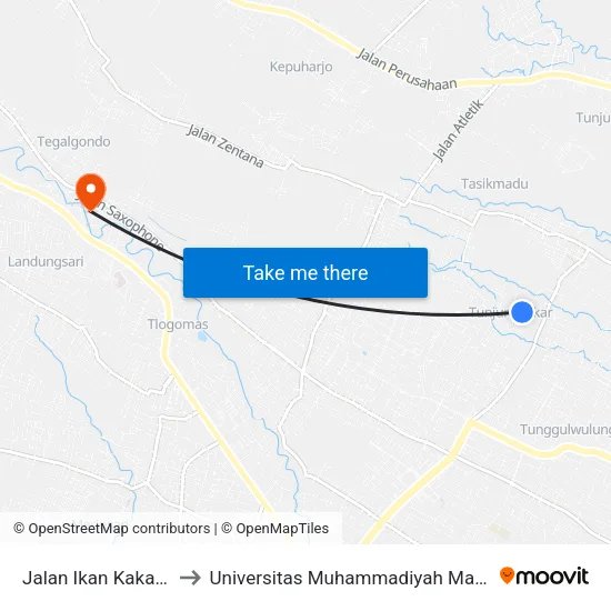 Jalan Ikan Kakap 1 to Universitas Muhammadiyah Malang map
