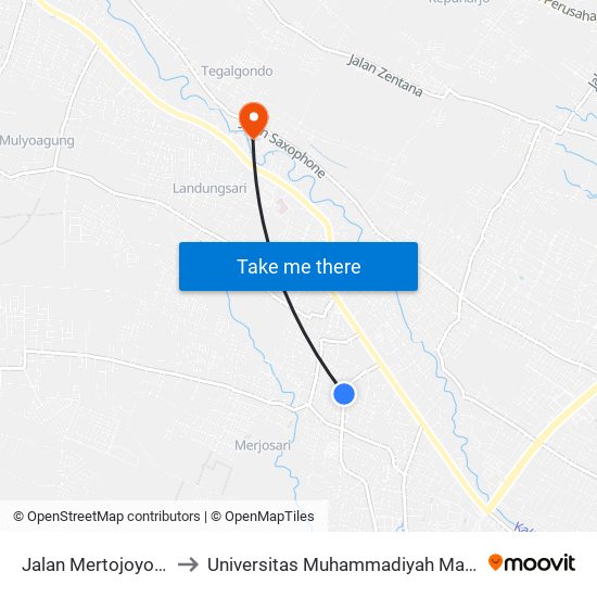 Jalan Mertojoyo 55 to Universitas Muhammadiyah Malang map