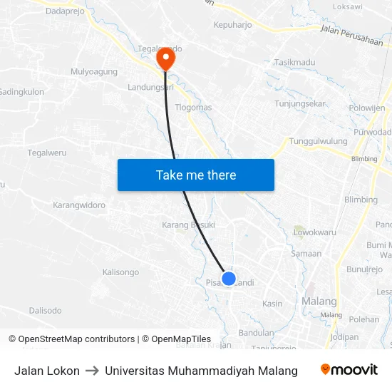 Jalan Lokon to Universitas Muhammadiyah Malang map