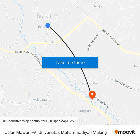 Jalan Mawar to Universitas Muhammadiyah Malang map