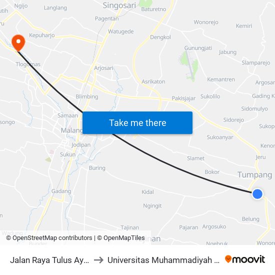 Jalan Raya Tulus Ayu 168 to Universitas Muhammadiyah Malang map