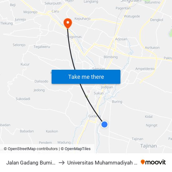 Jalan Gadang Bumiayu, 8 to Universitas Muhammadiyah Malang map