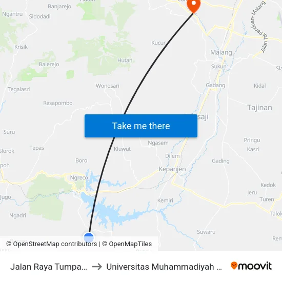Jalan Raya Tumpakrejo to Universitas Muhammadiyah Malang map