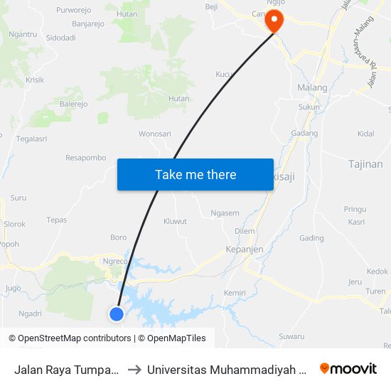 Jalan Raya Tumpakrejo to Universitas Muhammadiyah Malang map