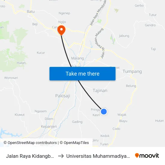Jalan Raya Kidangbang, 45 to Universitas Muhammadiyah Malang map