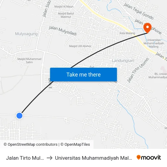 Jalan Tirto Mulyo to Universitas Muhammadiyah Malang map