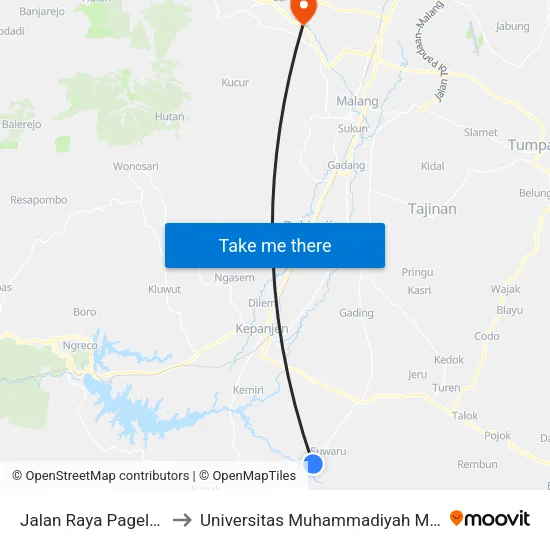 Jalan Raya Pagelaran to Universitas Muhammadiyah Malang map