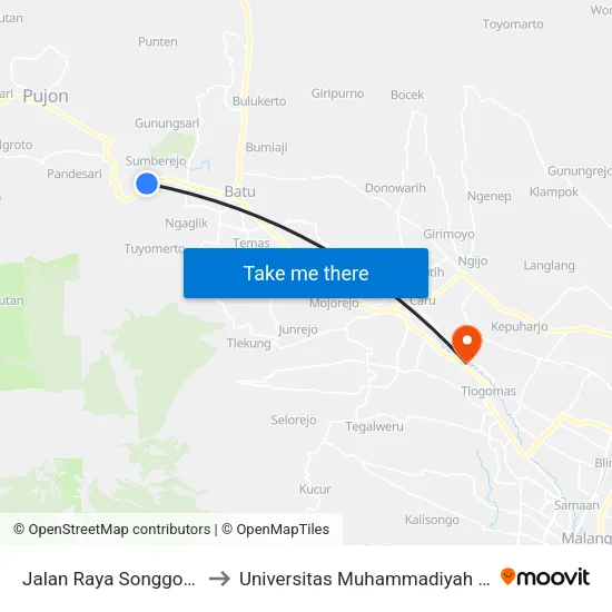 Jalan Raya Songgoriti, 35 to Universitas Muhammadiyah Malang map