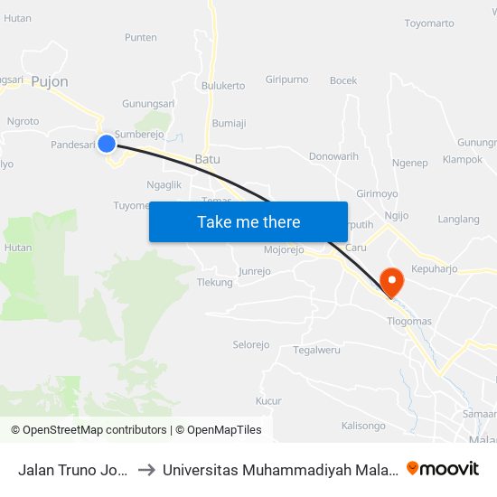 Jalan Truno Joyo to Universitas Muhammadiyah Malang map