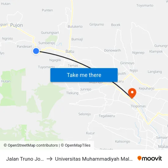 Jalan Truno Joyo to Universitas Muhammadiyah Malang map
