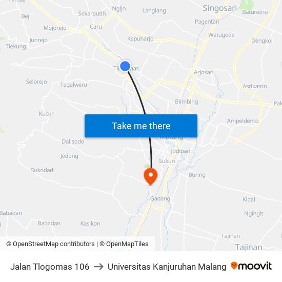 Jalan Tlogomas 106 to Universitas Kanjuruhan Malang map
