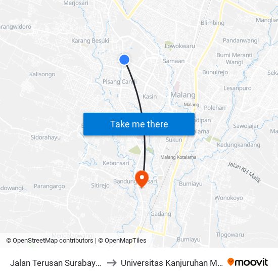 Jalan Terusan Surabaya 55c to Universitas Kanjuruhan Malang map