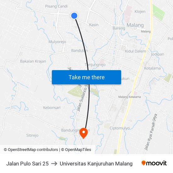 Jalan Pulo Sari 25 to Universitas Kanjuruhan Malang map