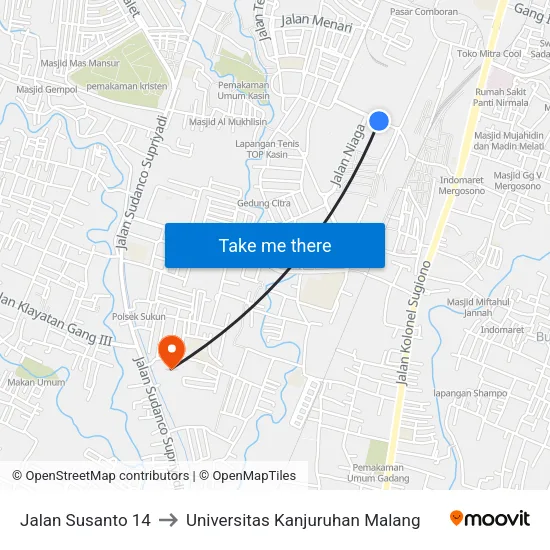 Jalan Susanto 14 to Universitas Kanjuruhan Malang map