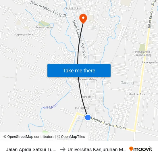 Jalan Apida Satsui Tubun 9 to Universitas Kanjuruhan Malang map