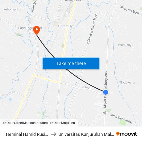 Terminal Hamid Rusidi 1 to Universitas Kanjuruhan Malang map