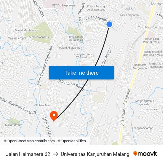 Jalan Halmahera 62 to Universitas Kanjuruhan Malang map