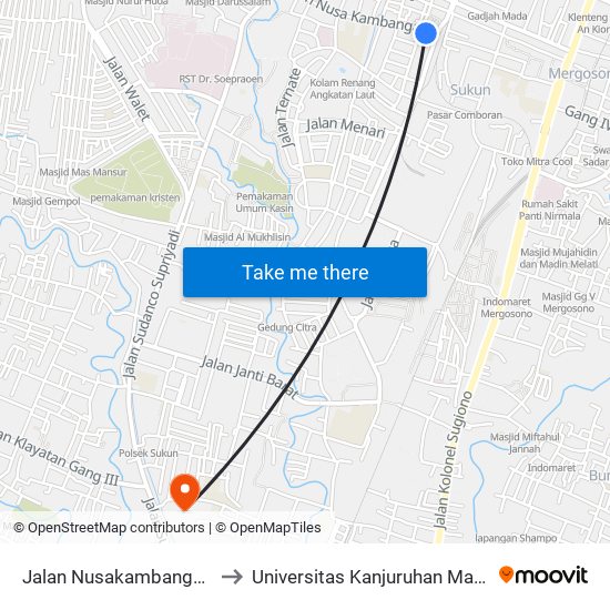 Jalan Nusakambangan 3 to Universitas Kanjuruhan Malang map