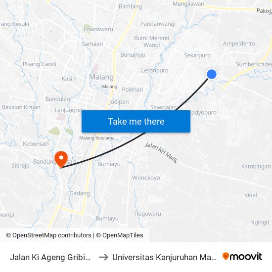 Jalan Ki Ageng Gribig 15 to Universitas Kanjuruhan Malang map