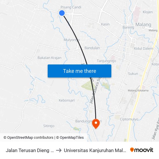 Jalan Terusan Dieng 50 to Universitas Kanjuruhan Malang map