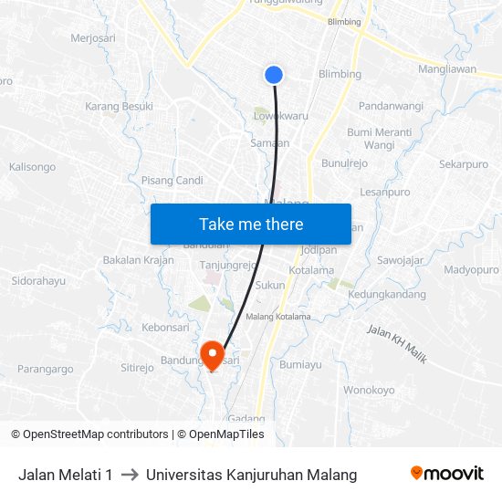 Jalan Melati 1 to Universitas Kanjuruhan Malang map