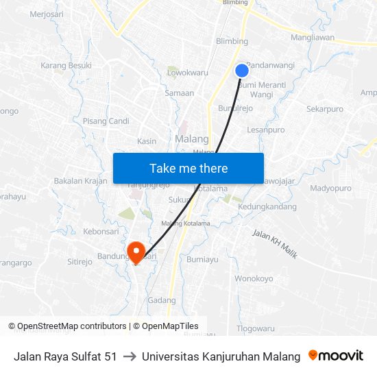 Jalan Raya Sulfat 51 to Universitas Kanjuruhan Malang map