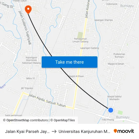 Jalan Kyai Parseh Jaya 66 to Universitas Kanjuruhan Malang map