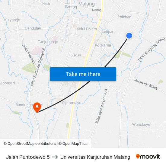 Jalan Puntodewo 5 to Universitas Kanjuruhan Malang map