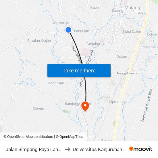 Jalan Simpang Raya Langsep 63 to Universitas Kanjuruhan Malang map