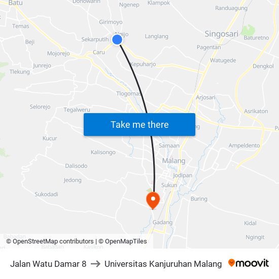 Jalan Watu Damar 8 to Universitas Kanjuruhan Malang map