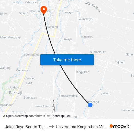 Jalan Raya Bendo Tajinan to Universitas Kanjuruhan Malang map
