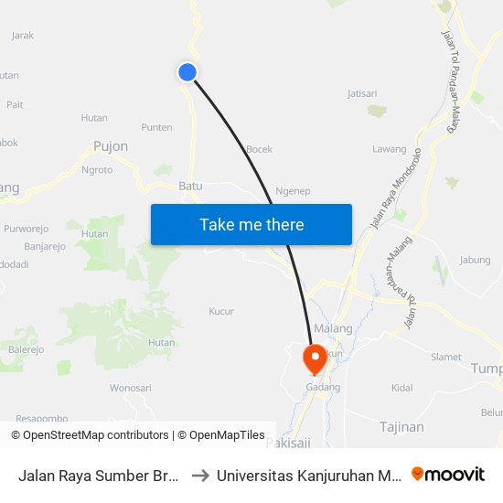 Jalan Raya Sumber Brantas to Universitas Kanjuruhan Malang map