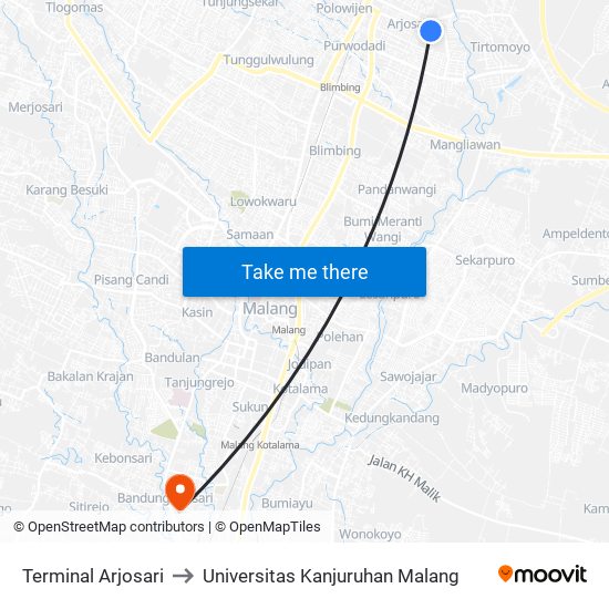 Terminal Arjosari to Universitas Kanjuruhan Malang map