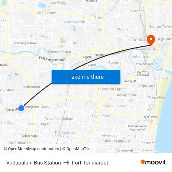 Vadapalani Bus Station to Fort Tondiarpet map