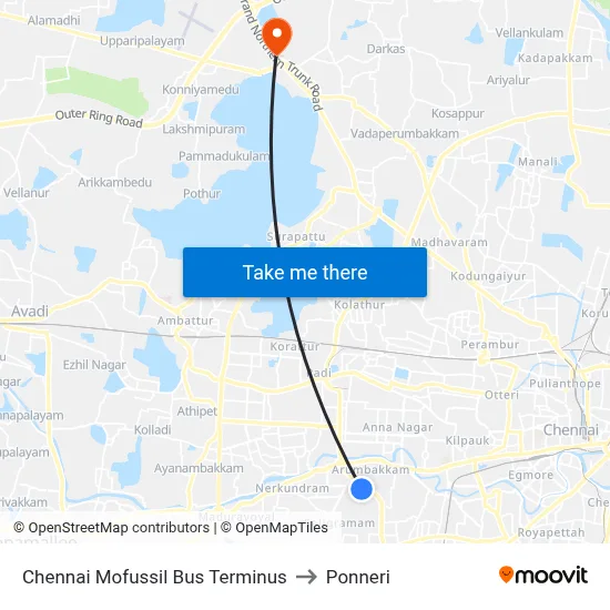 Chennai Mofussil Bus Terminus to Ponneri map