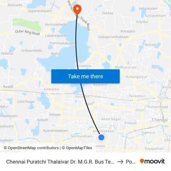 Chennai Puratchi Thalaivar Dr. M.G.R. Bus Terminus (CMBT Koyambedu) to Ponneri map