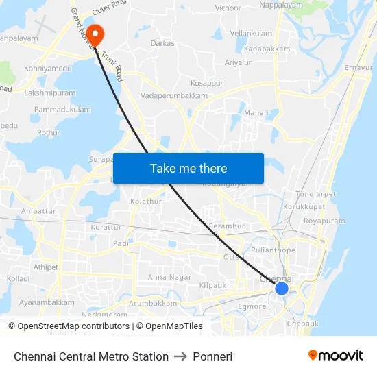 Chennai Central Metro Station to Ponneri map