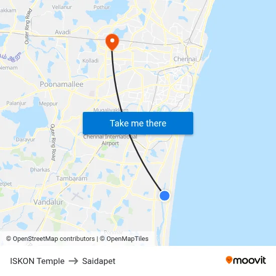 ISKON Temple to Saidapet map